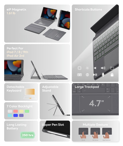 EIP Bluetooth Keyboard Case for iPad 10.2 inch (7th/8th/9th Gen) & iPad Air 10.5 inch (3rd Gen)[US Layout]